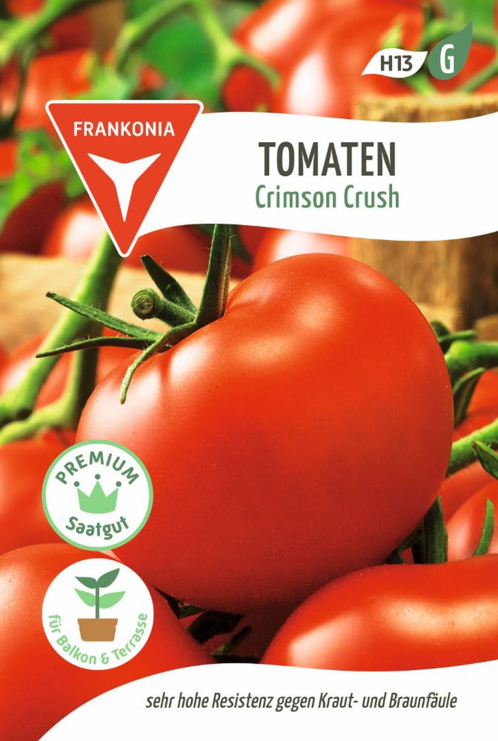 Crimson Crush F1 — runde rote Tomate, Saatgutverpackung