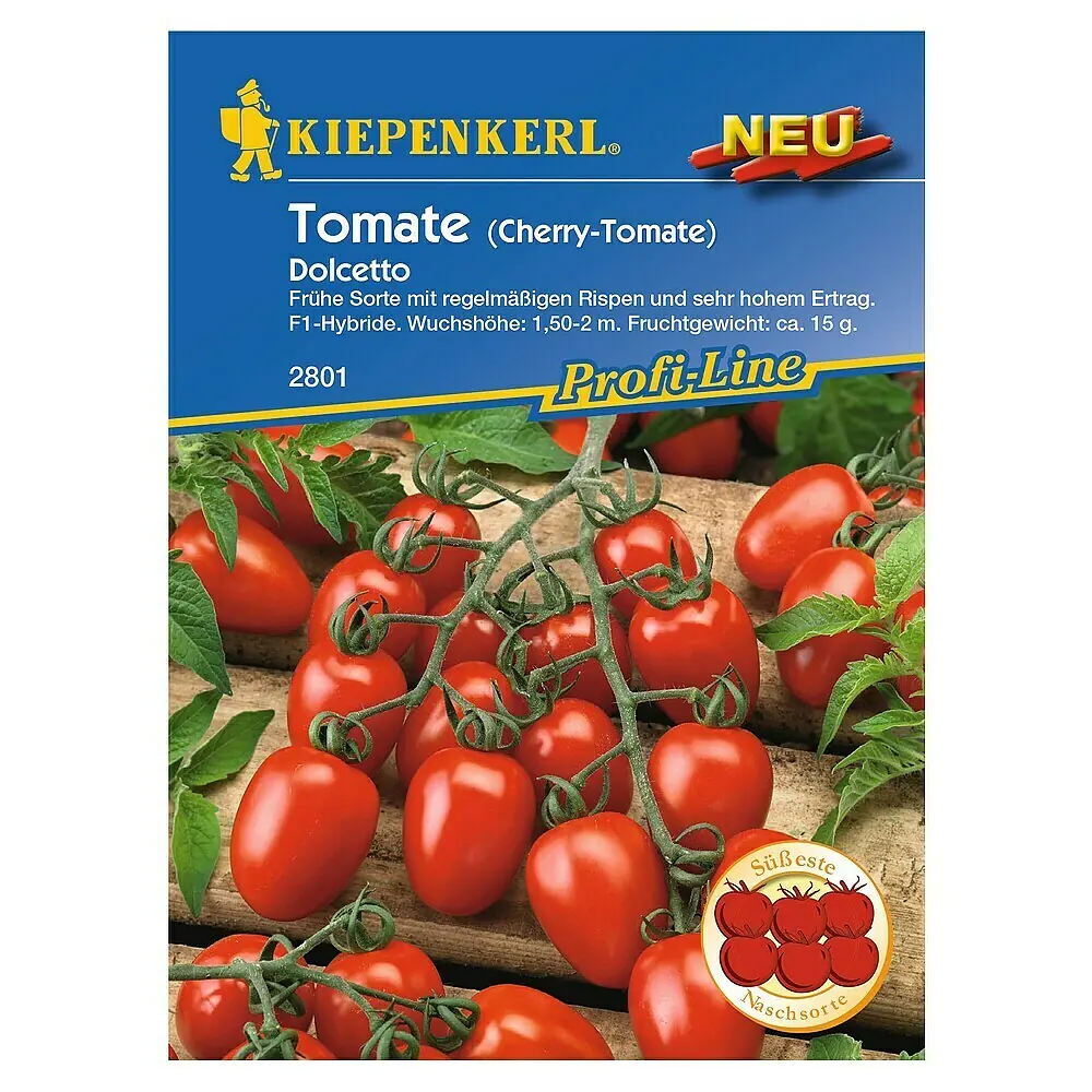Dolcetto F1 — kleine ovale rote Cherrytomaten an Rispen